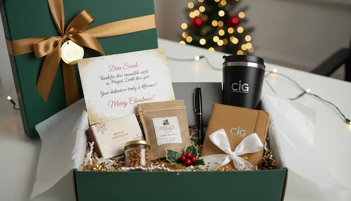 Caja corporativa de fin de año con productos y mensaje de agradecimiento