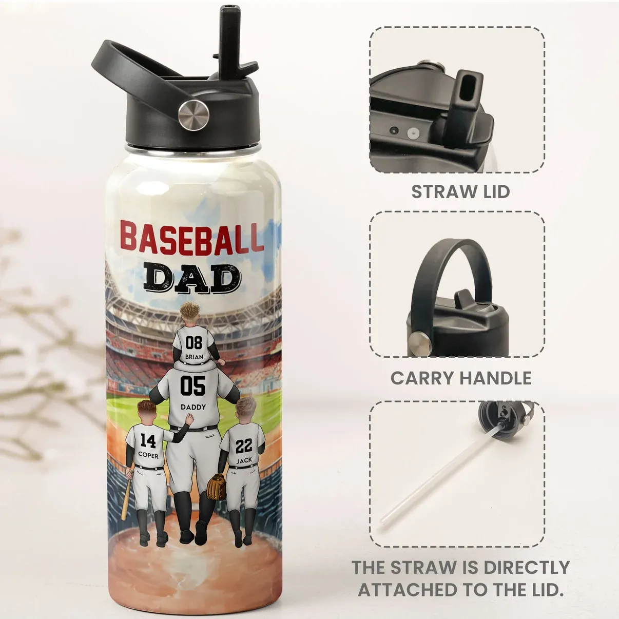 Ejemplo de botella personalizada para papá aficionado al béisbol