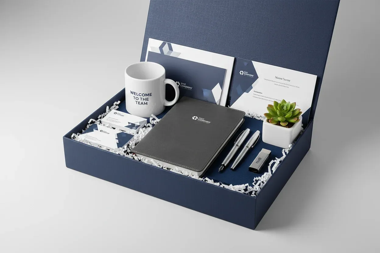Kit corporativo de bienvenida con libreta, taza, plumas y presentación de marca
