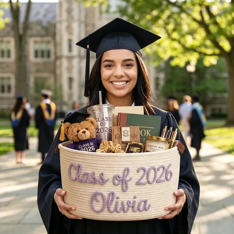 Graduada celebrando con una canasta de regalos personalizados