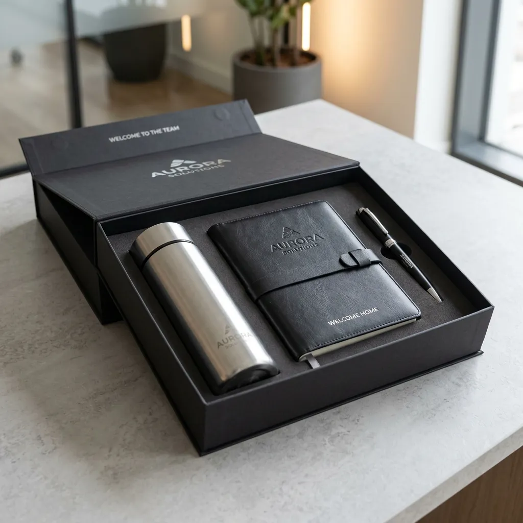 Kit premium de onboarding con termo, libreta y pluma personalizados